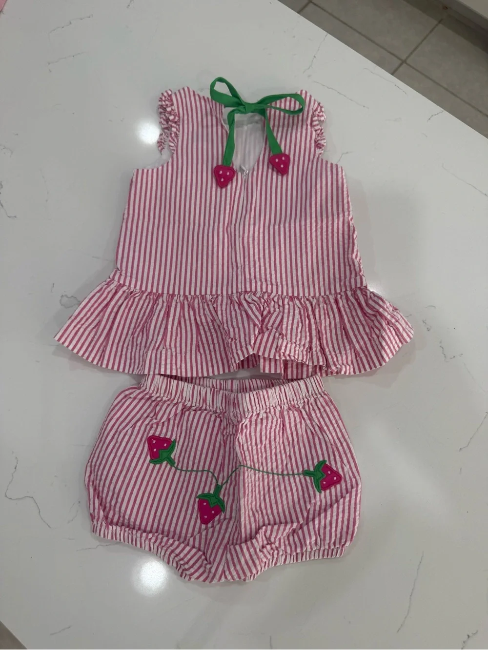 Florence Eiseman Girls’ Pink Stripe Top & Bloomers Set | Strawberry Embroidery
